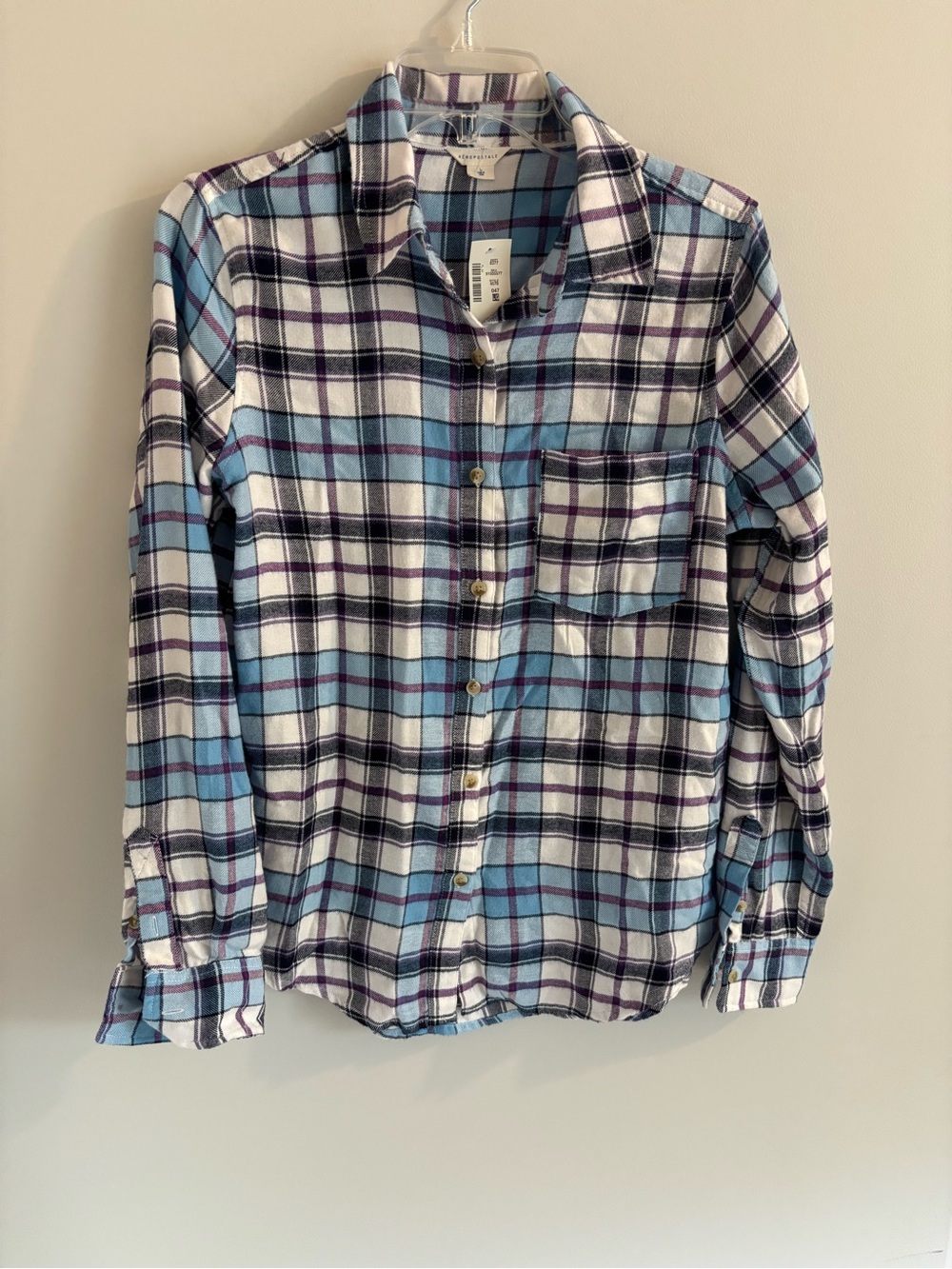 Aeropostale Women’s Blue White Purple Plaid Flannel Button Down Shirt Size L NWT